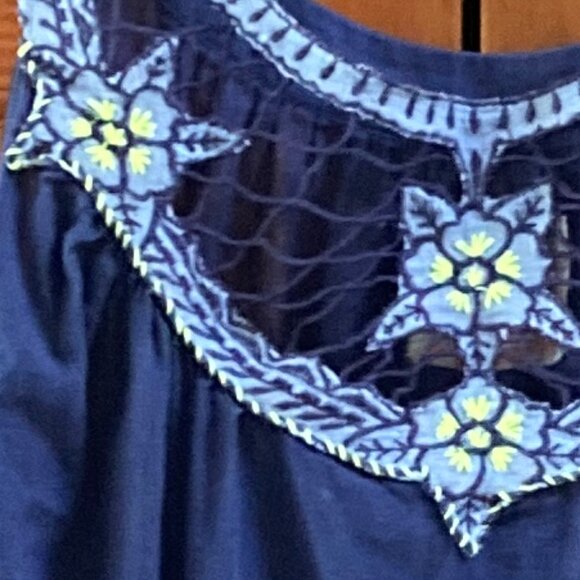 Free People Blue Tank Top Embroidered Green and Light BLue Flowers - Size Large - Picture 9 of 9
